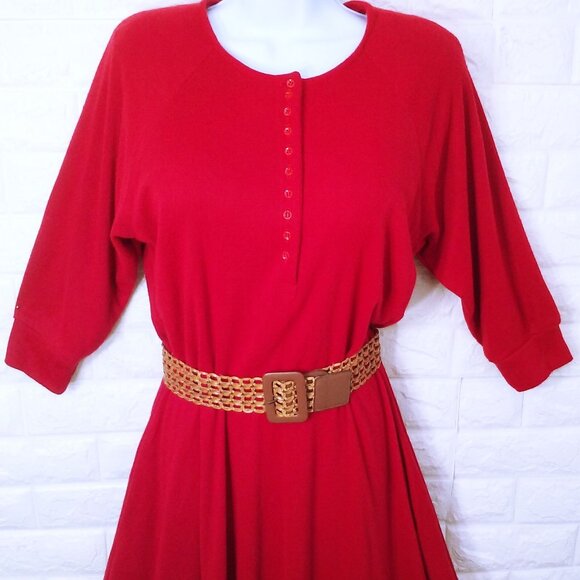Vintage 80s Walden Classics Knit Shirtwaist Dress (12) Pockets Crew-Buttonup Red - Picture 2 of 11